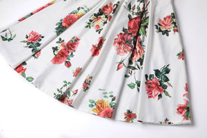 Off Shoulder Flared Pocket Dress White Pink Yellow Roses