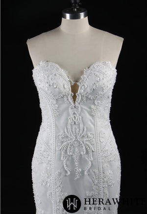 Strapless V-Neck Beaded Lace Mermaid Dress With Chaple Train