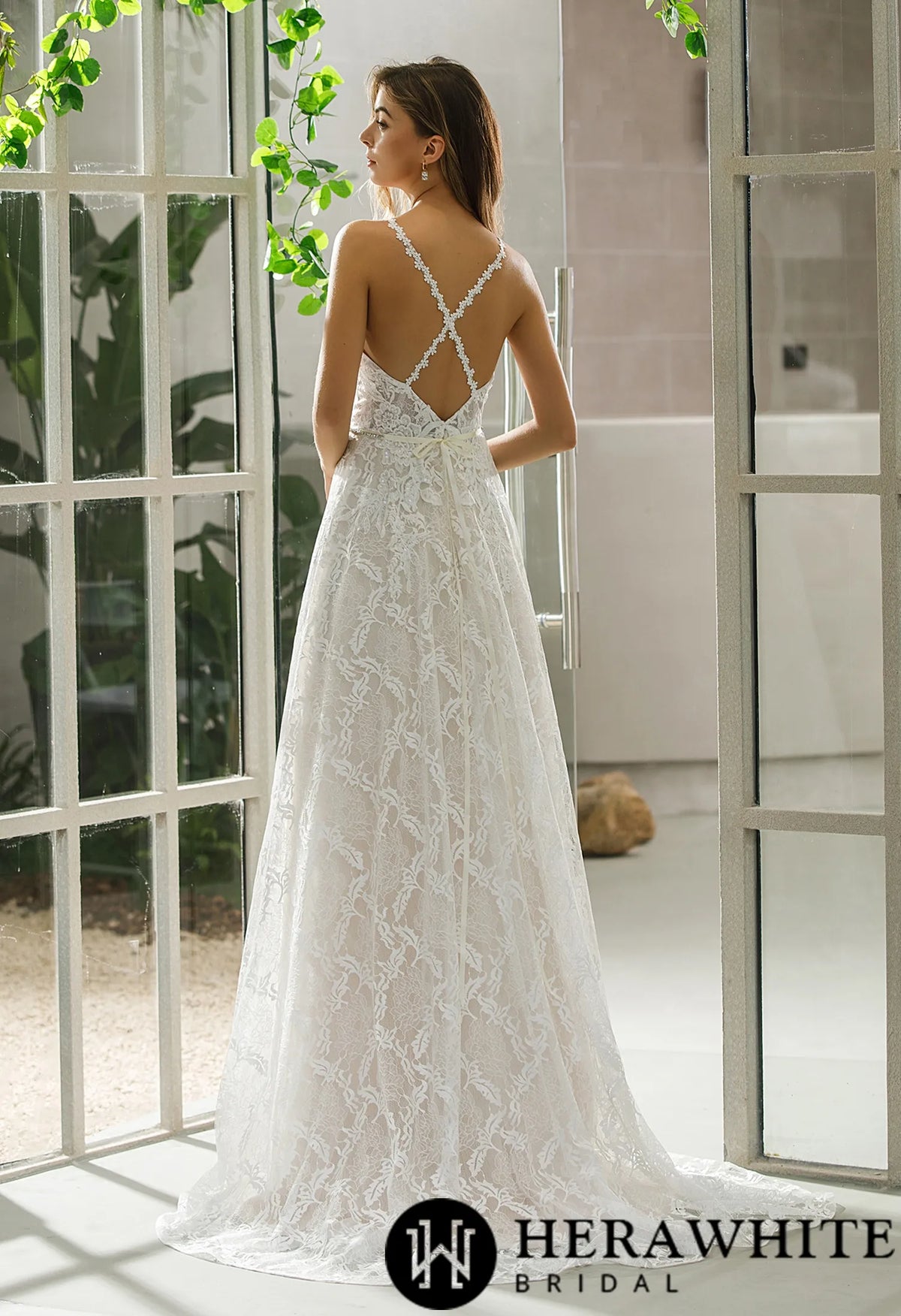 Halter Neckline Lace Bridal Gown With Crisscross Back