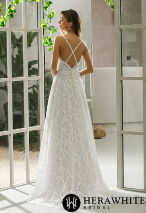 Halter Neckline Lace Bridal Gown With Crisscross Back