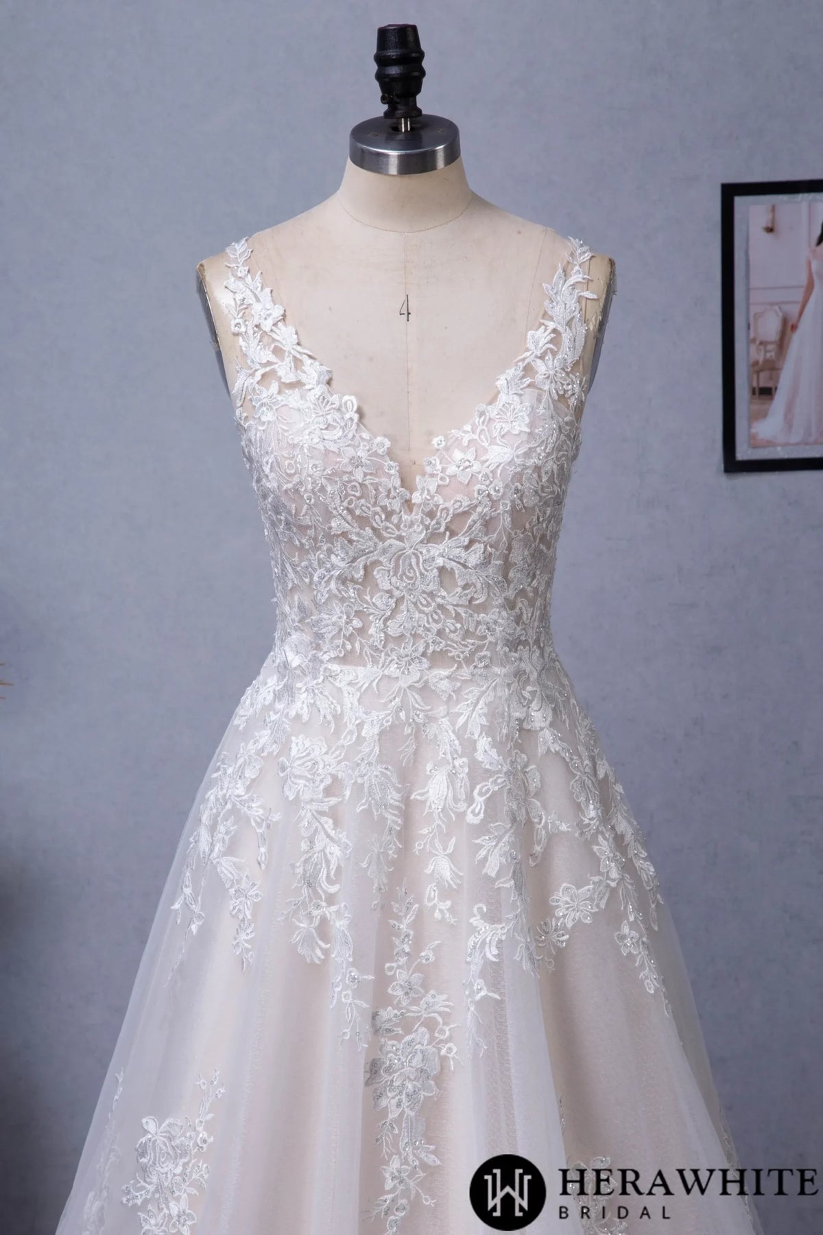 Illusion V-neckline A-Line Lace Straps Bridal Gown