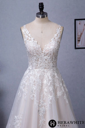 Illusion V-neckline A-Line Lace Straps Bridal Gown