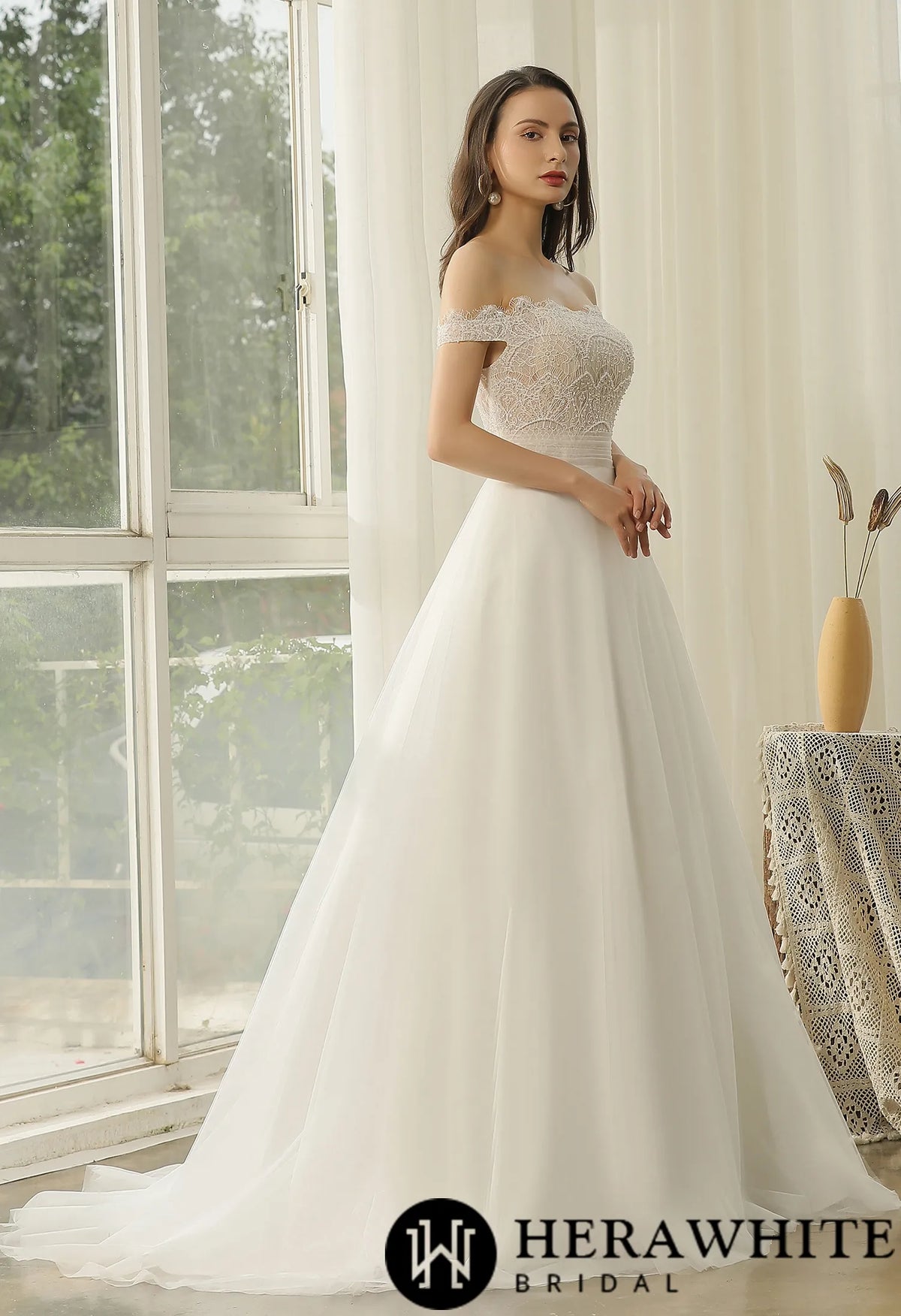 Off-The-Shoulder  Beading Lace Pleating Wholesale Wedding Dress