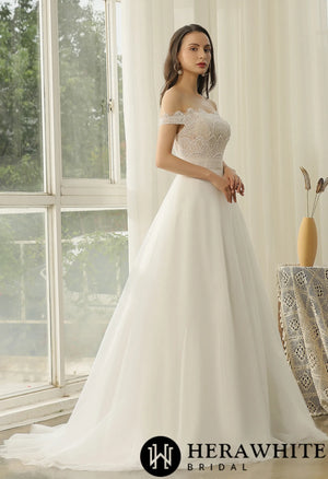 Off-The-Shoulder  Beading Lace Pleating Wholesale Wedding Dress