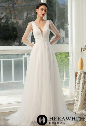 Bishop long Sleeve  Ruched Illusion V-neckline Bridal Gown