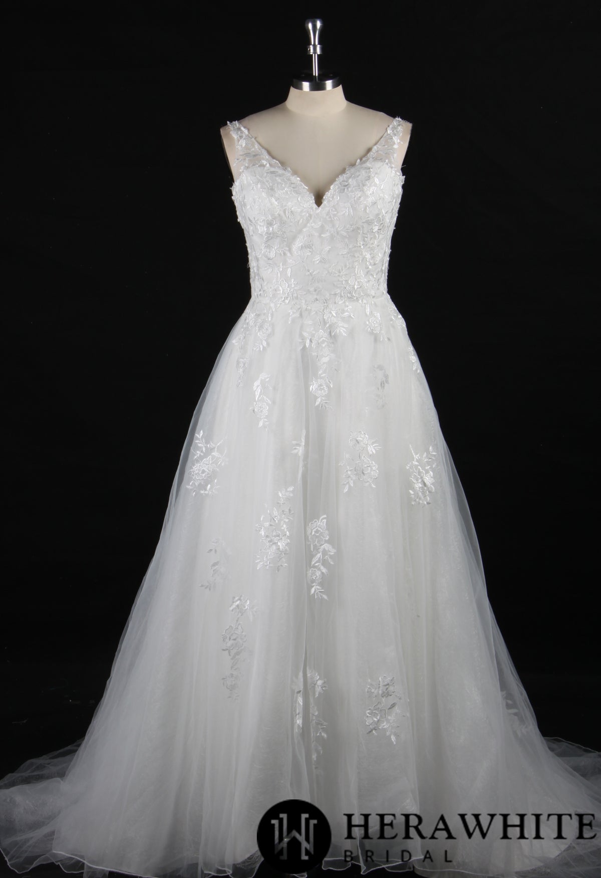 Embroidered Tulle Wedding Dress With A-Line Silhouette and V-Neck