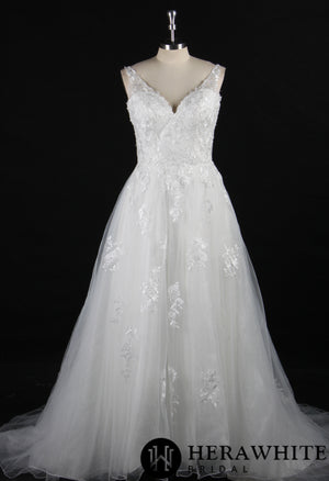 Embroidered Tulle Wedding Dress With A-Line Silhouette and V-Neck