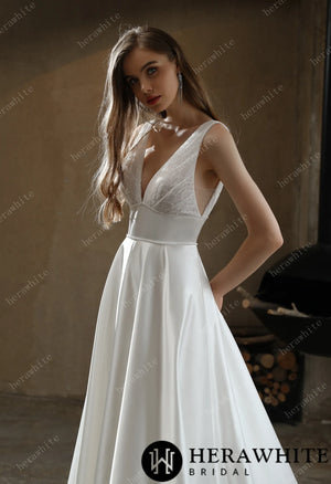 Timeless Satin V-neck Bridal Gown with Chapel Train