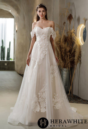 Floral Lace Wedding Dress With Detachable Off-the-Shoulder Straps