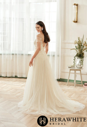 Romantic Off the Shoulder Illusion Pleated Bodice Tulle Bridal Gown