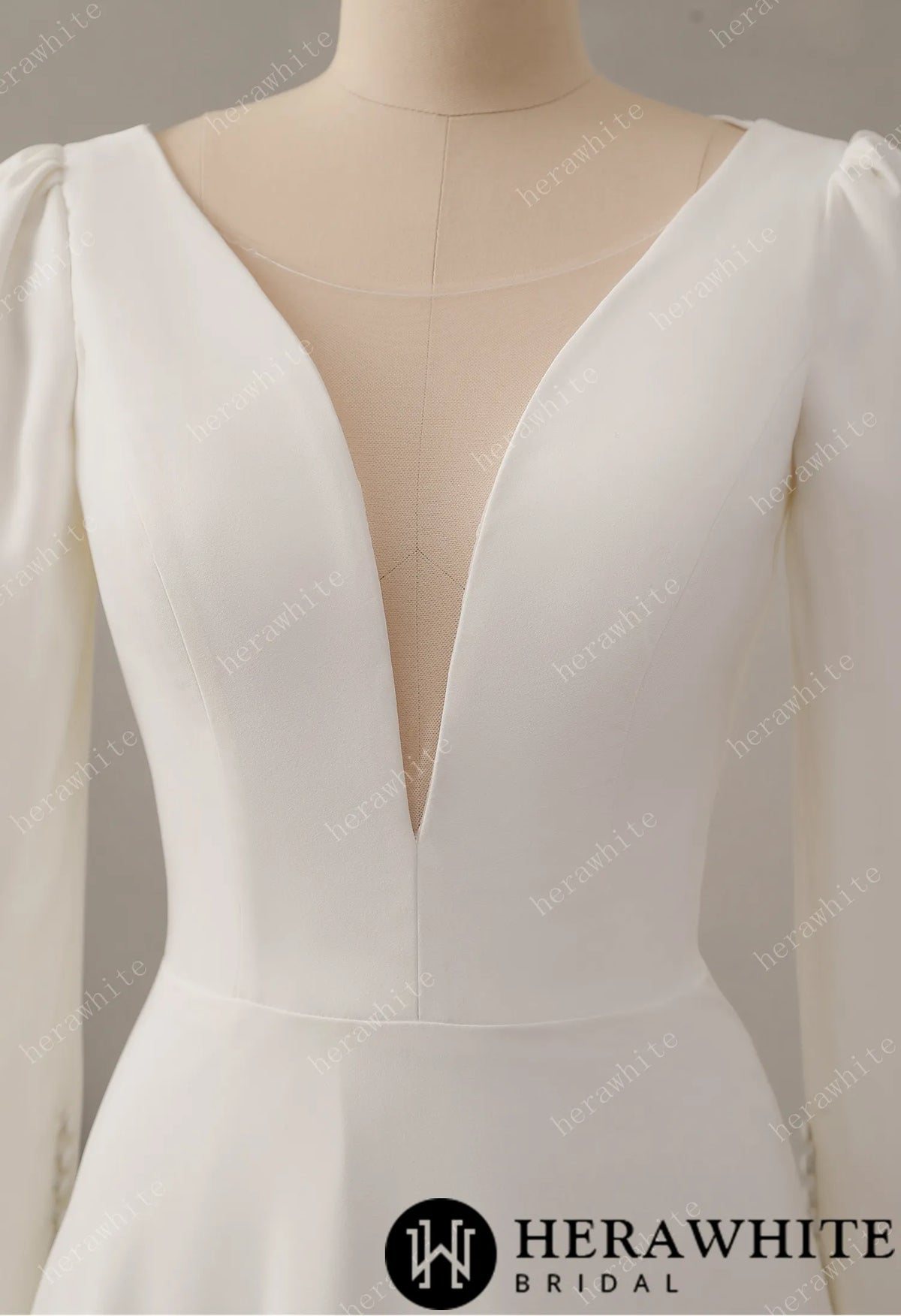 Crepe Plunging V-neckline Wedding Dress with Long Sleeve