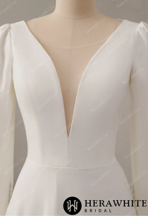 Crepe Plunging V-neckline Wedding Dress with Long Sleeve