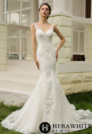 Double Train Fitted Sheath Wedding Gown
