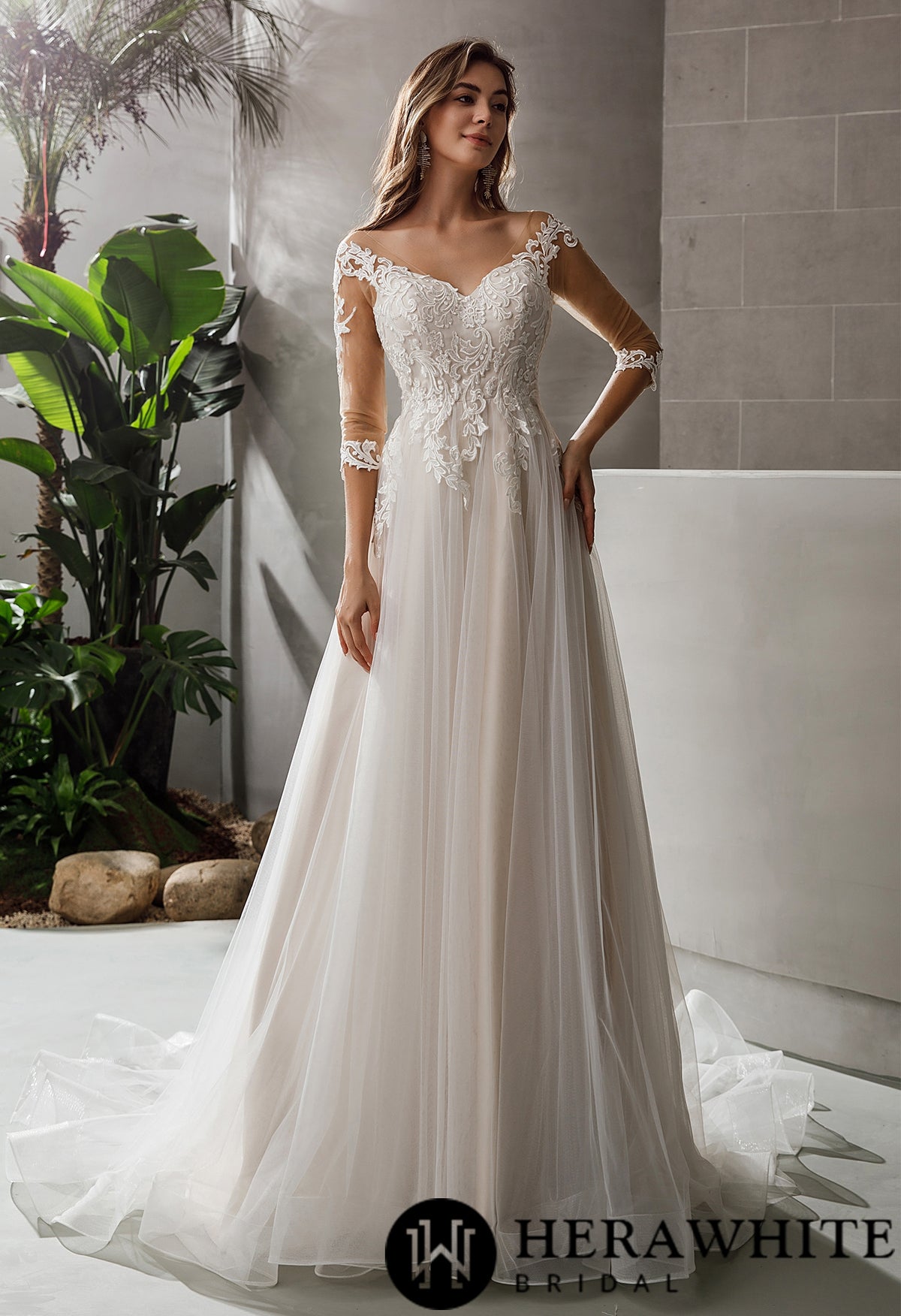 Gorgeous Lace A-line Bridal Gown With 3/4 sleeves