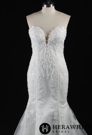 Strapless V-Neck Beaded Lace Mermaid Dress With Chaple Train