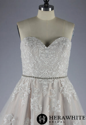 Blush Strapless Ball Gown Wedding Dress With Lace Motifs
