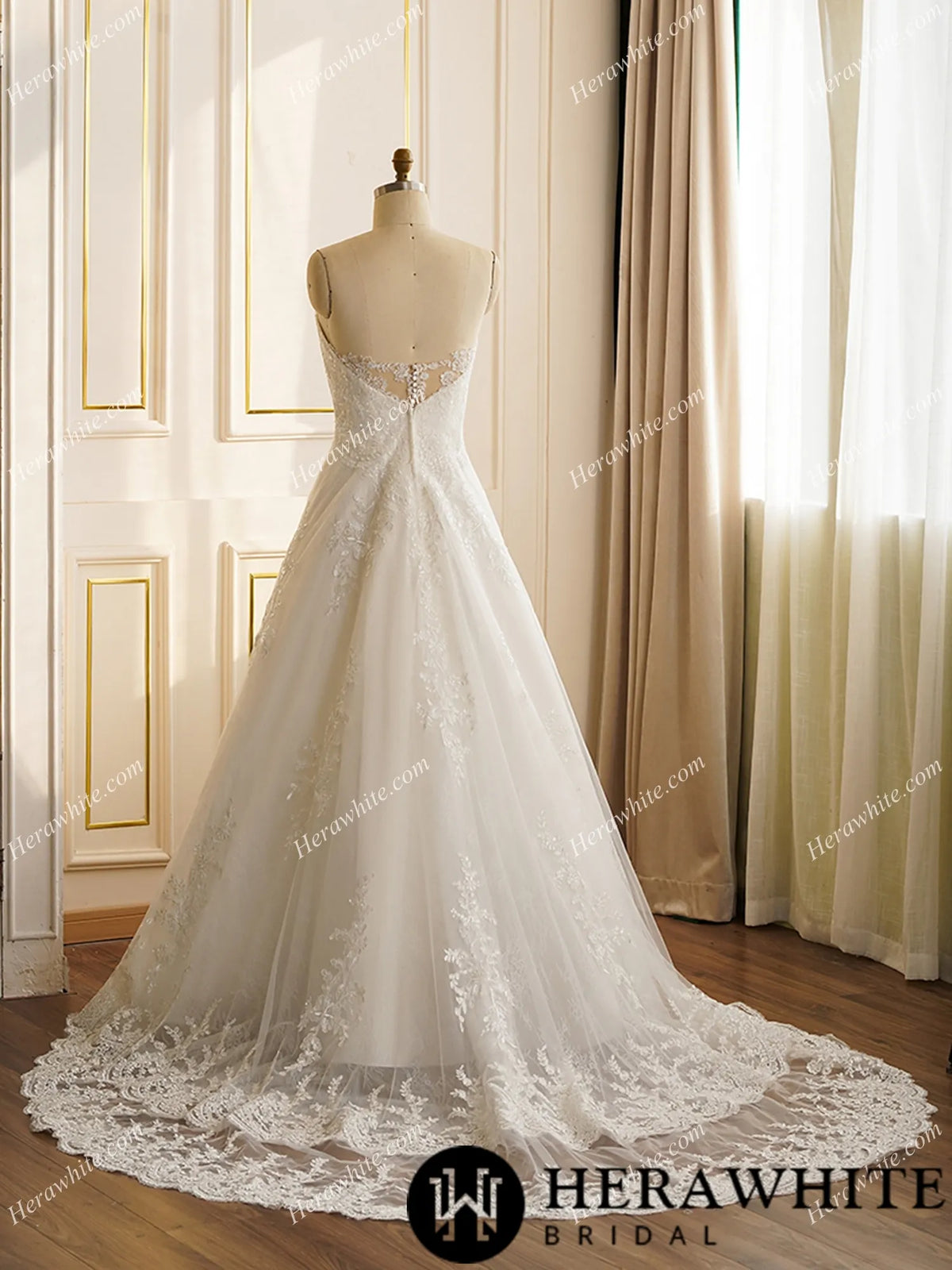 Strapless Whole Lace Count Train Wedding Dress