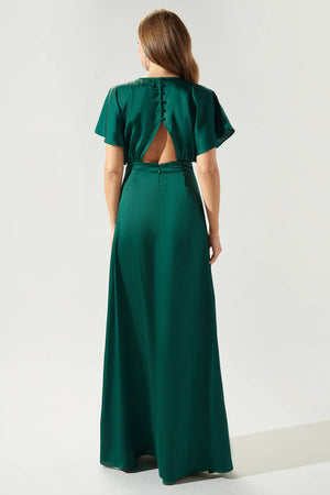 Darling Flutter Sleeve Cut Out Satin Maxi Dress: Black / XS