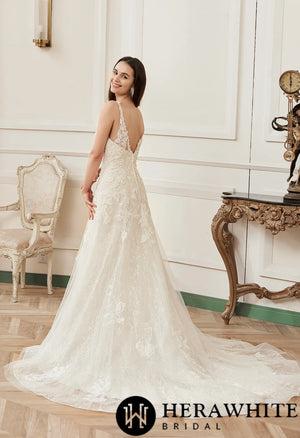 Romantic A-Line V-neck Floral Applique Court Train Bridal Gown