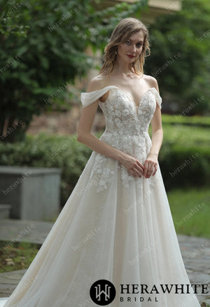 Elegant Floral 3D Lace Wedding Dress With Off-Shoulder Straps