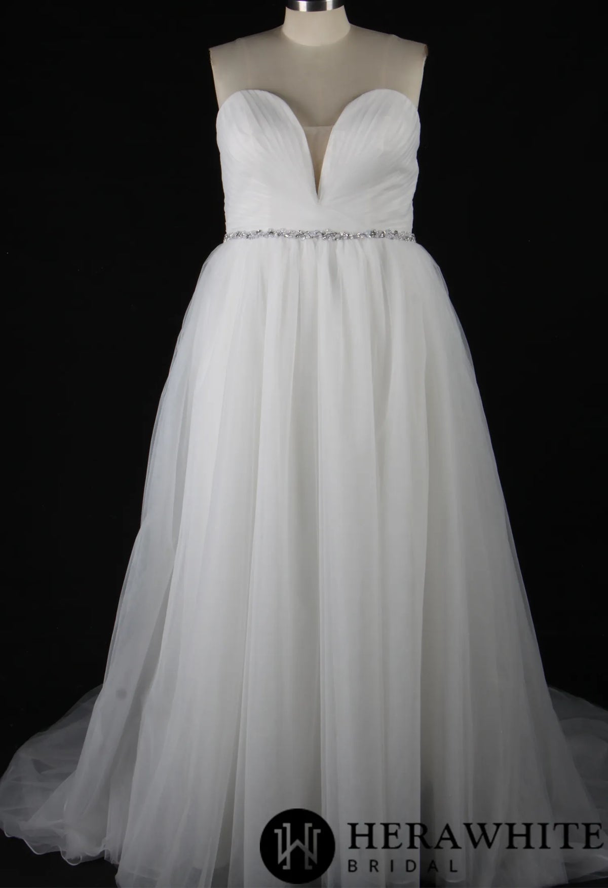 Deep V-Neck Pleated Bodice Tulle A-Line Wedding Dress