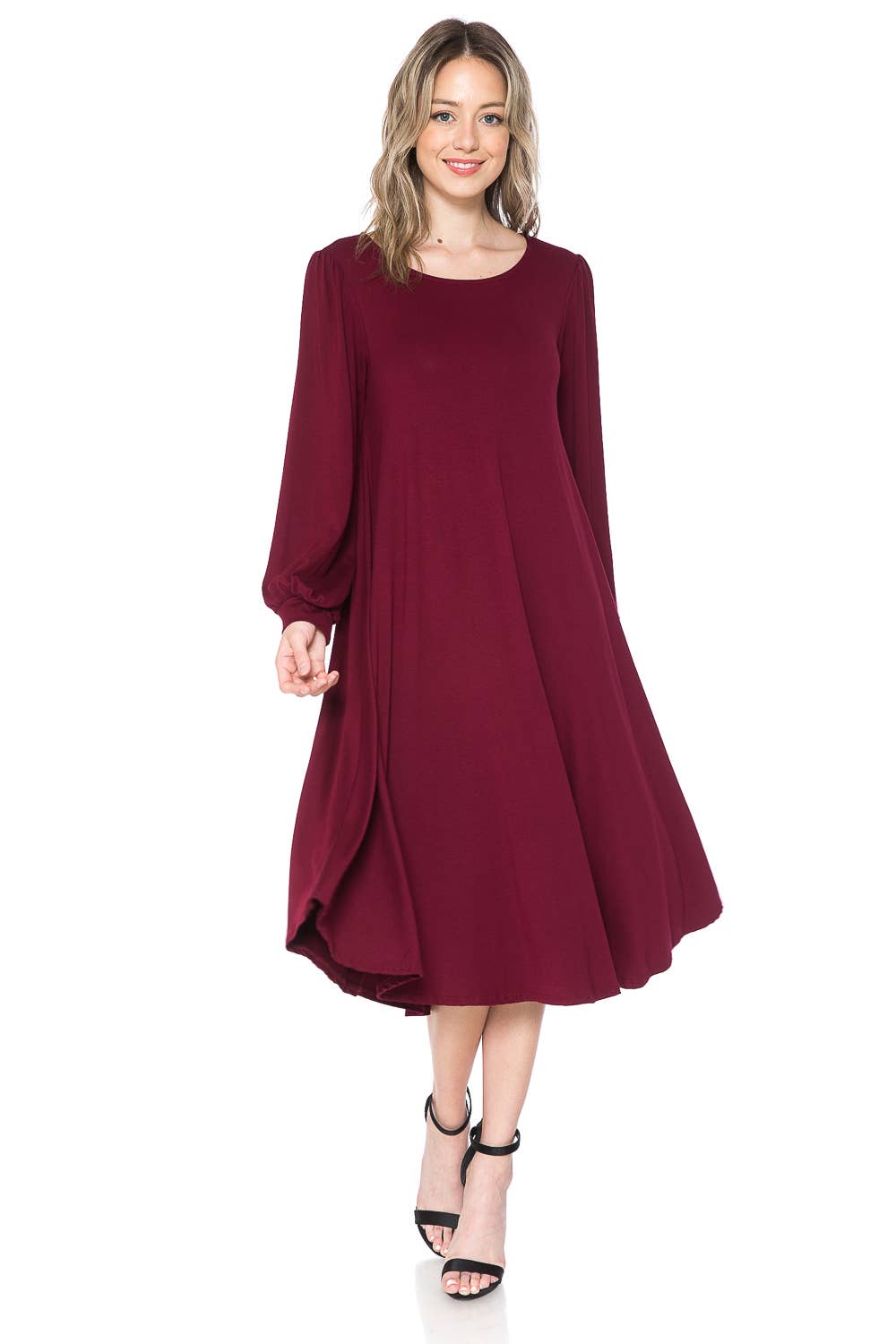Bishop Sleeve Midi Dress: EGGPLANT / S