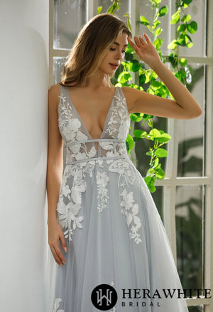 Plunging V-neck Wedding Dress With Floral Motifs