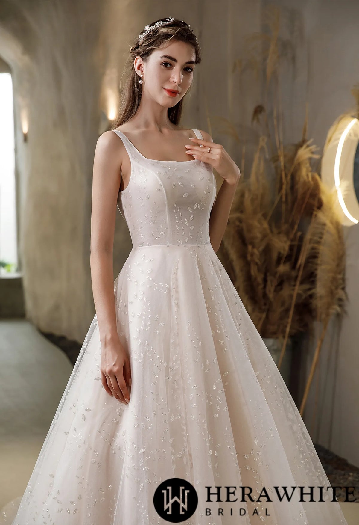 Pink Nude Princess Wedding Dress With Square Neckline