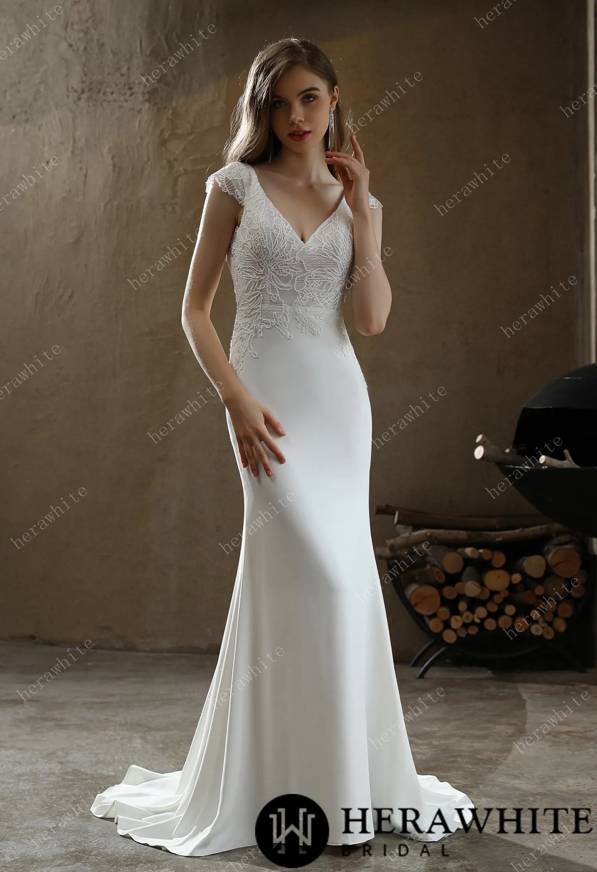 Crepe Sheath Wedding Dress with Lace Cap Sleeves