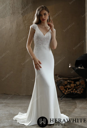 Crepe Sheath Wedding Dress with Lace Cap Sleeves