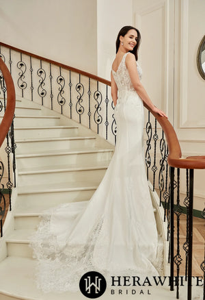 Motifs Crepe Sheath Shaped Court Lace Train Wedding Dress