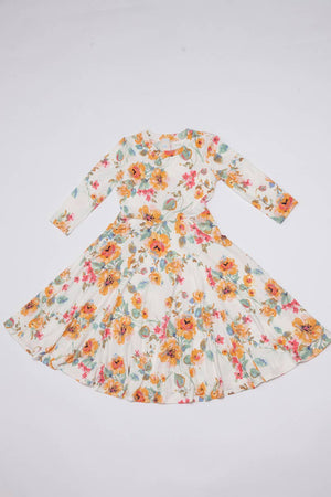 Girl's Princess Seam A-Line Dress with Full Skirt: MUSTARD FLORAL / XL (11/12Y)
