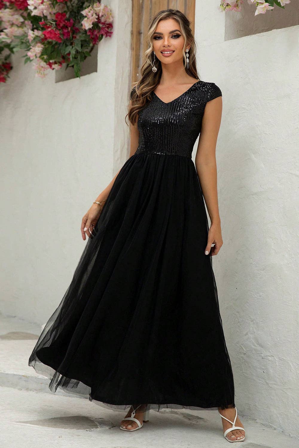Sequin V-Neck Mesh Maxi Dress: Blush Pink / M
