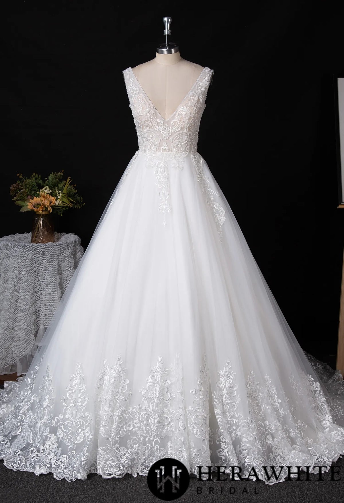 Plunging V-neckline Wedding Dress With Long Train