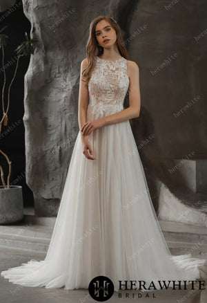 Bateau Neckline A-line Wedding Gown with Sequined Lace