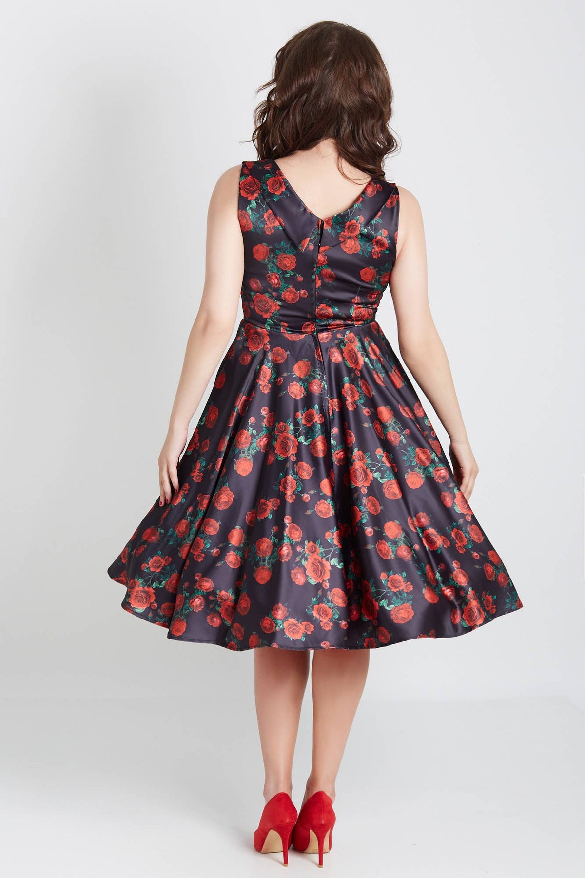 Grace Vintage Style Jive Dress In Black Red Rose