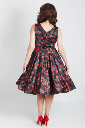 Grace Vintage Style Jive Dress In Black Red Rose