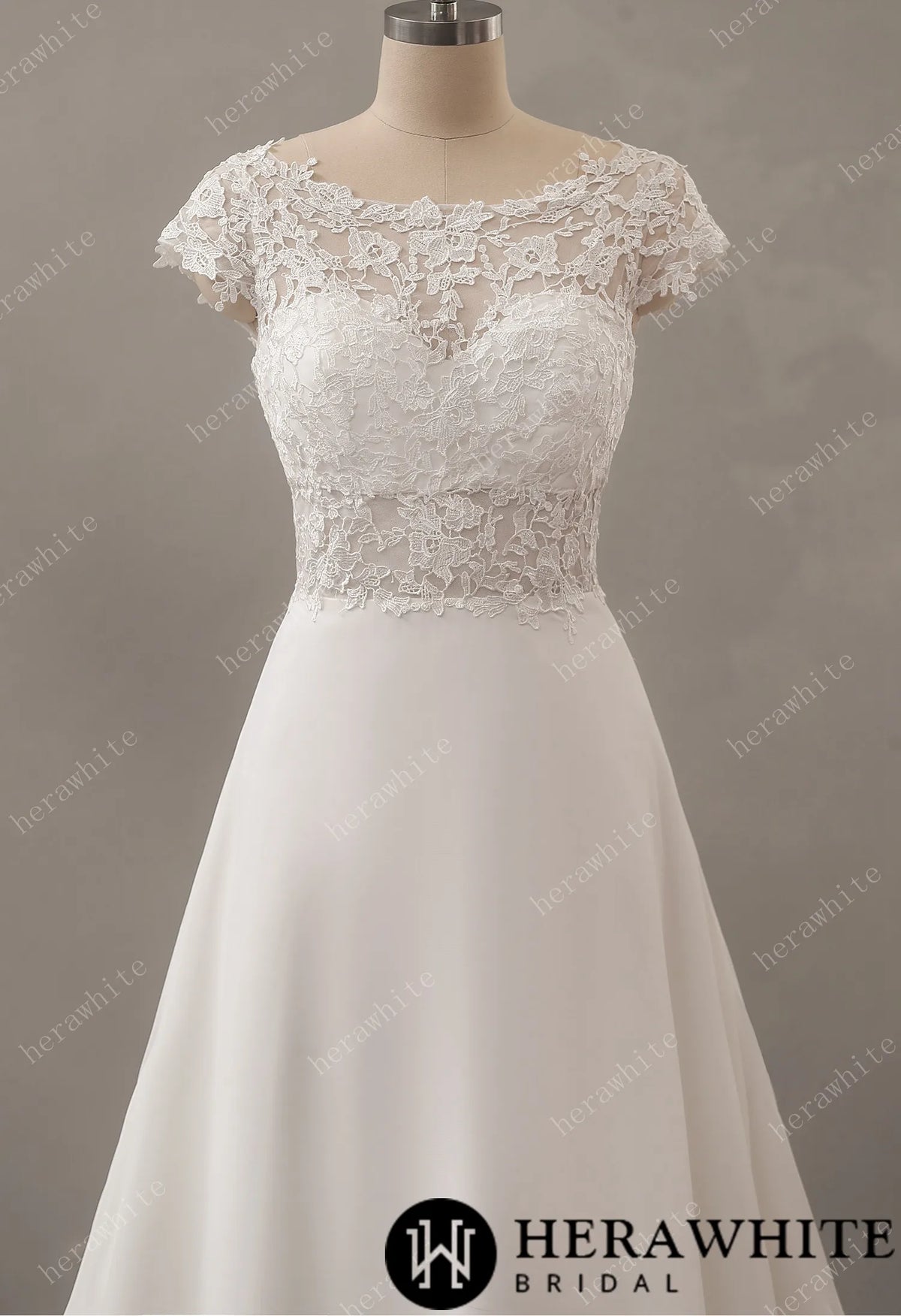 Chiffon Lace A-Line Wedding Dress with Cap Sleeve