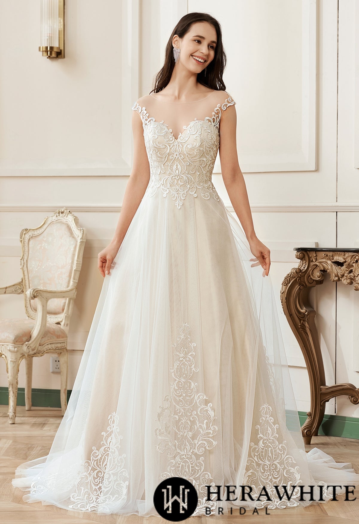 Illusion A-Line Scoop Neckline Lace Bridal Gown