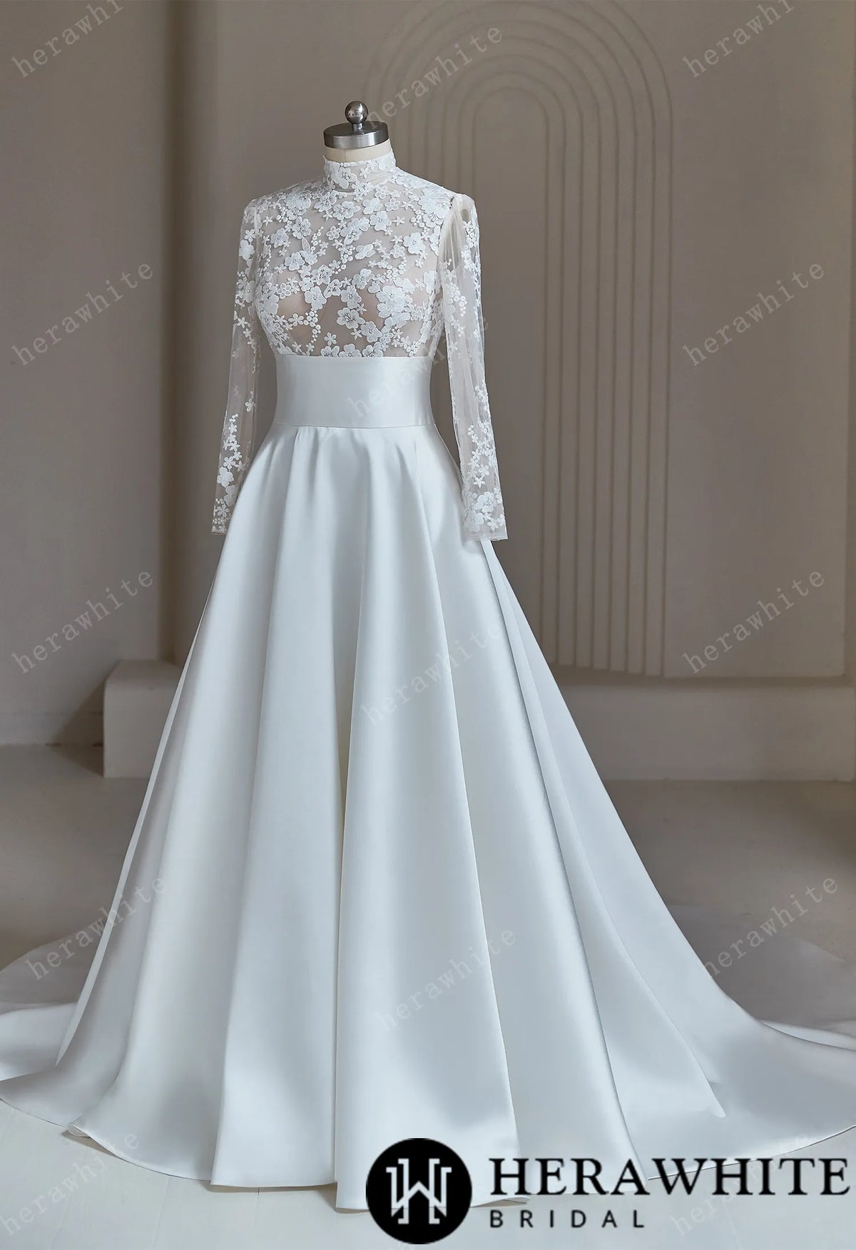High-neck Modest Ivory Lace Satin Wedding Dress