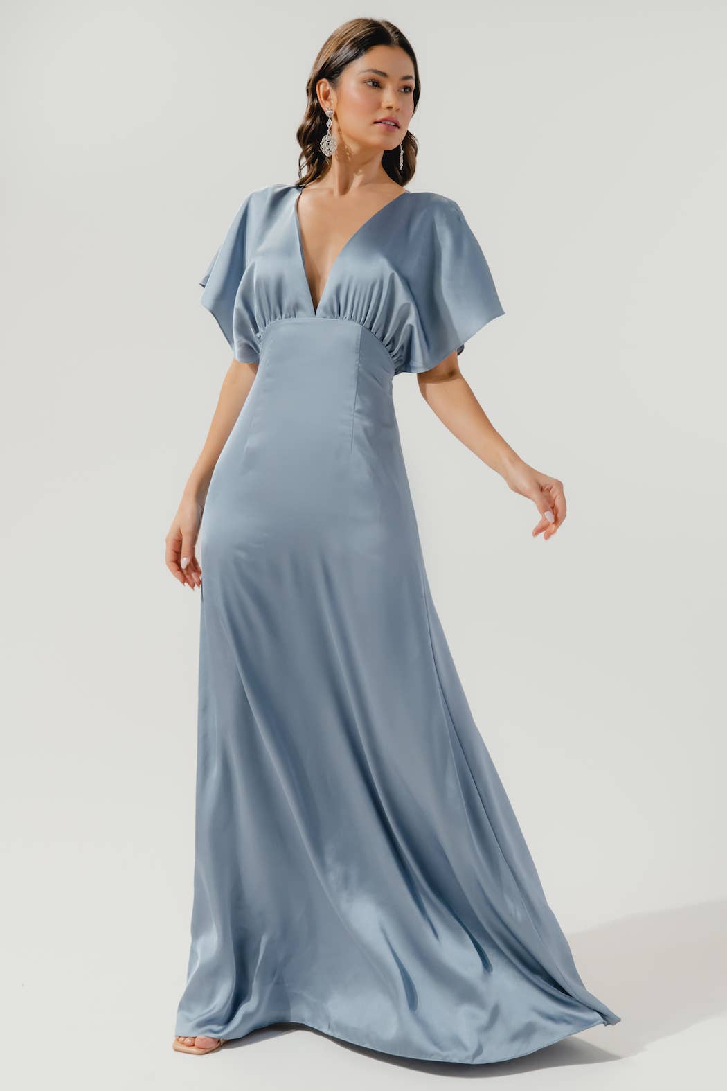 Darling Flutter Sleeve Cut Out Satin Maxi Dress: Black / XS