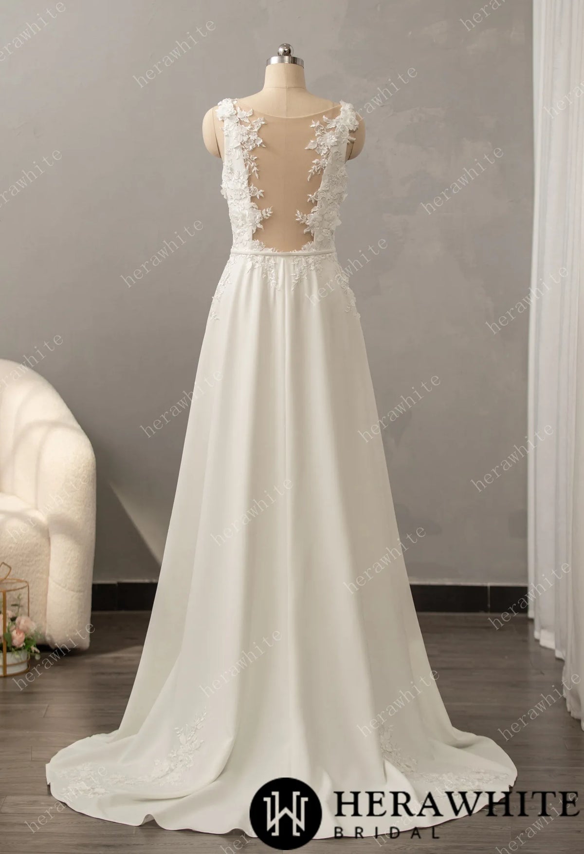 Square Neck Stretch Crepe A-line Gown with Illusion Back