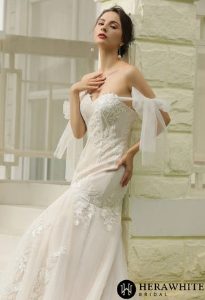 Floral Lace Mermaid Bridal Gown With  Detachable Tulle Straps