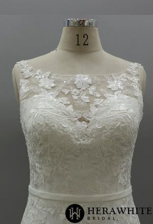 Illusion Hign Neckline Wedding Dress with Crepe Skirt