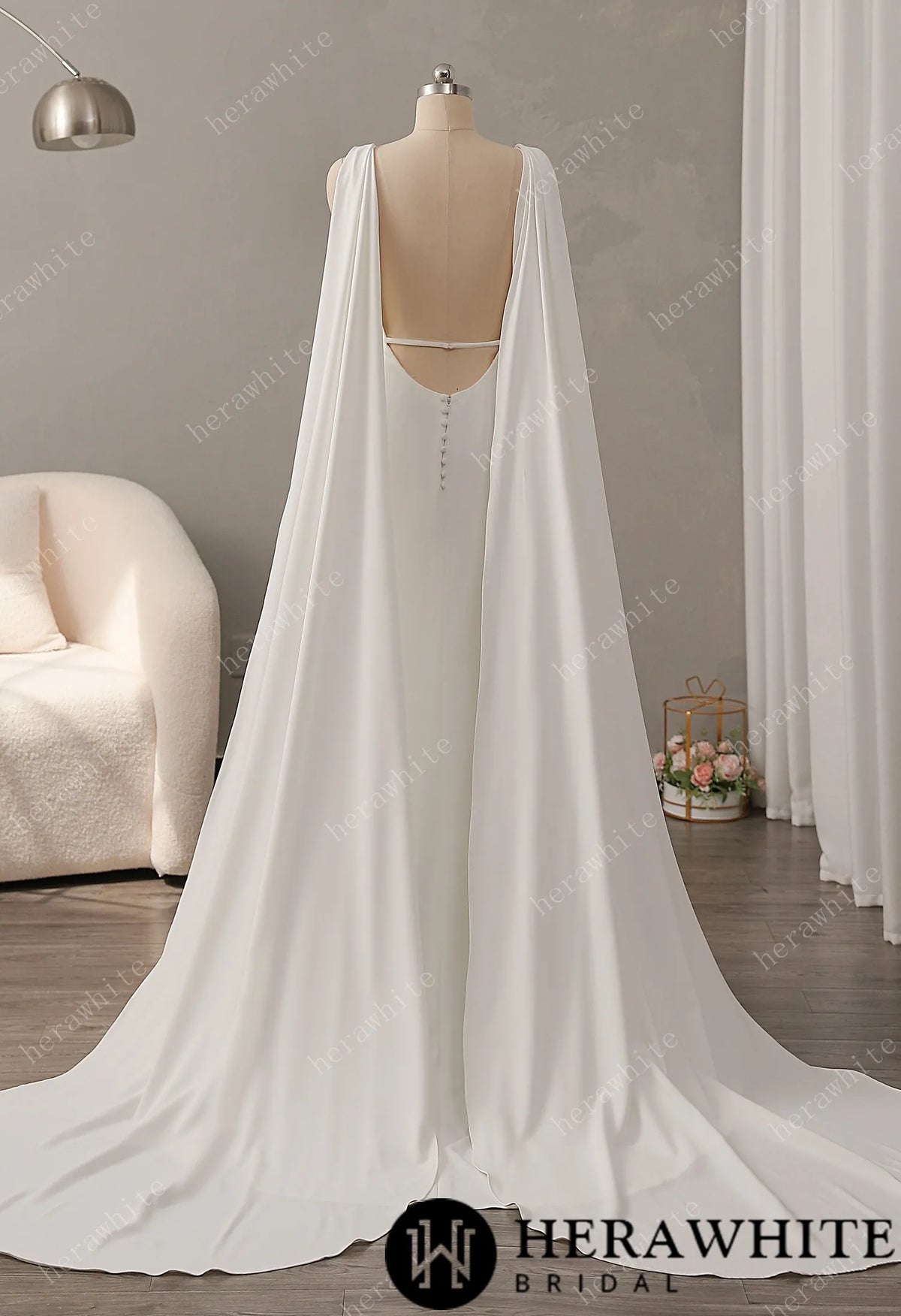 Deep V-neckline Crepe Wedding Dress with Detachable Cape