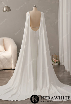Deep V-neckline Crepe Wedding Dress with Detachable Cape