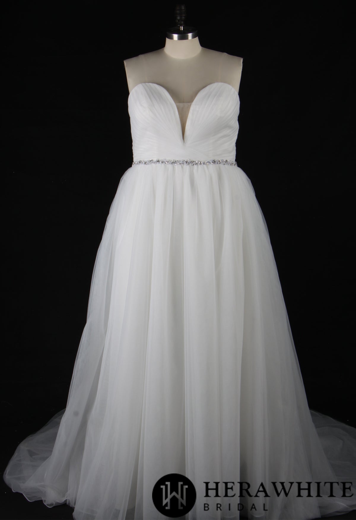 Deep V-Neck Pleated Bodice Tulle A-Line Wedding Dress