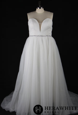 Deep V-Neck Pleated Bodice Tulle A-Line Wedding Dress