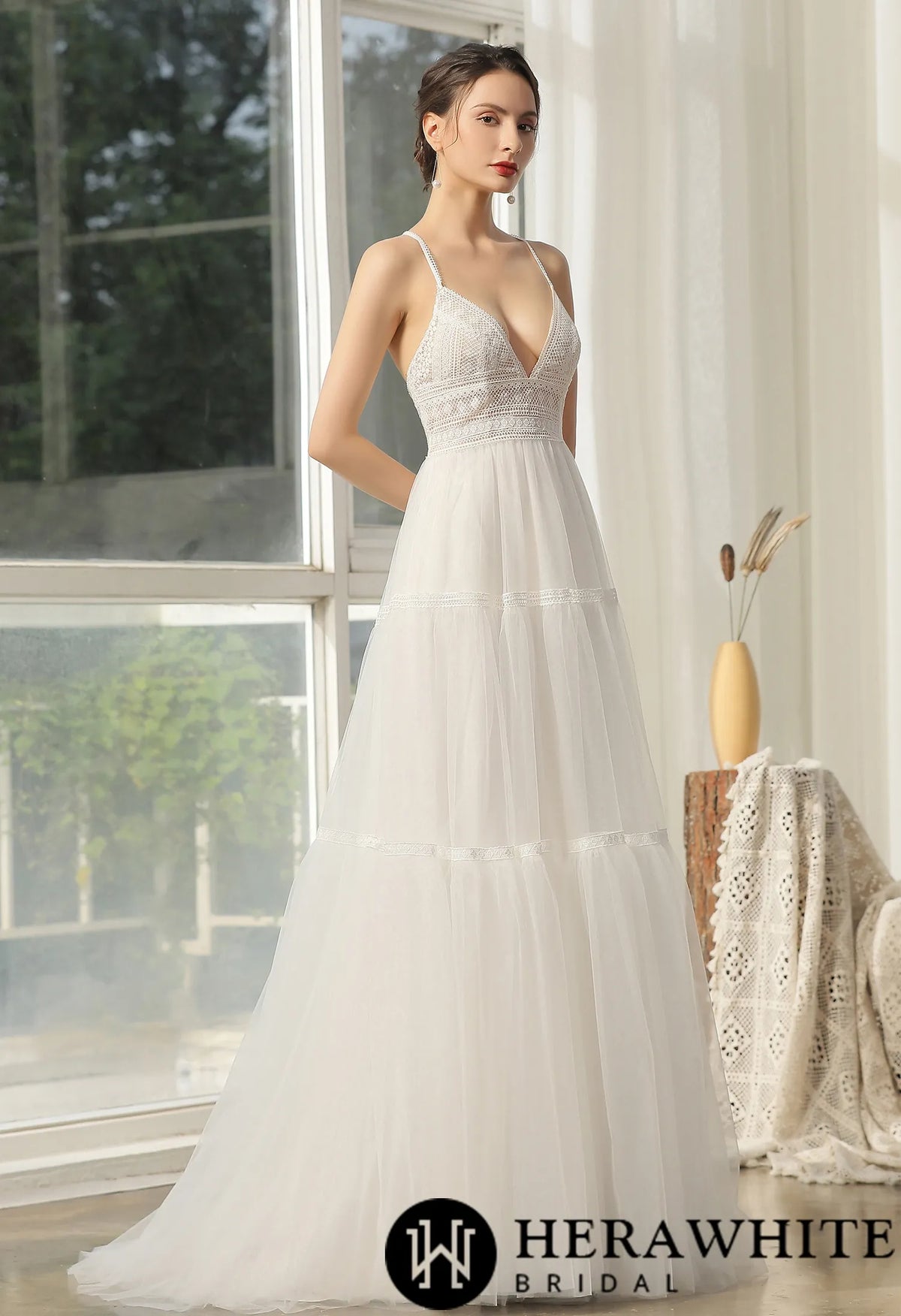 Bohemian Lace Wedding Dress With Criss-Cross Back