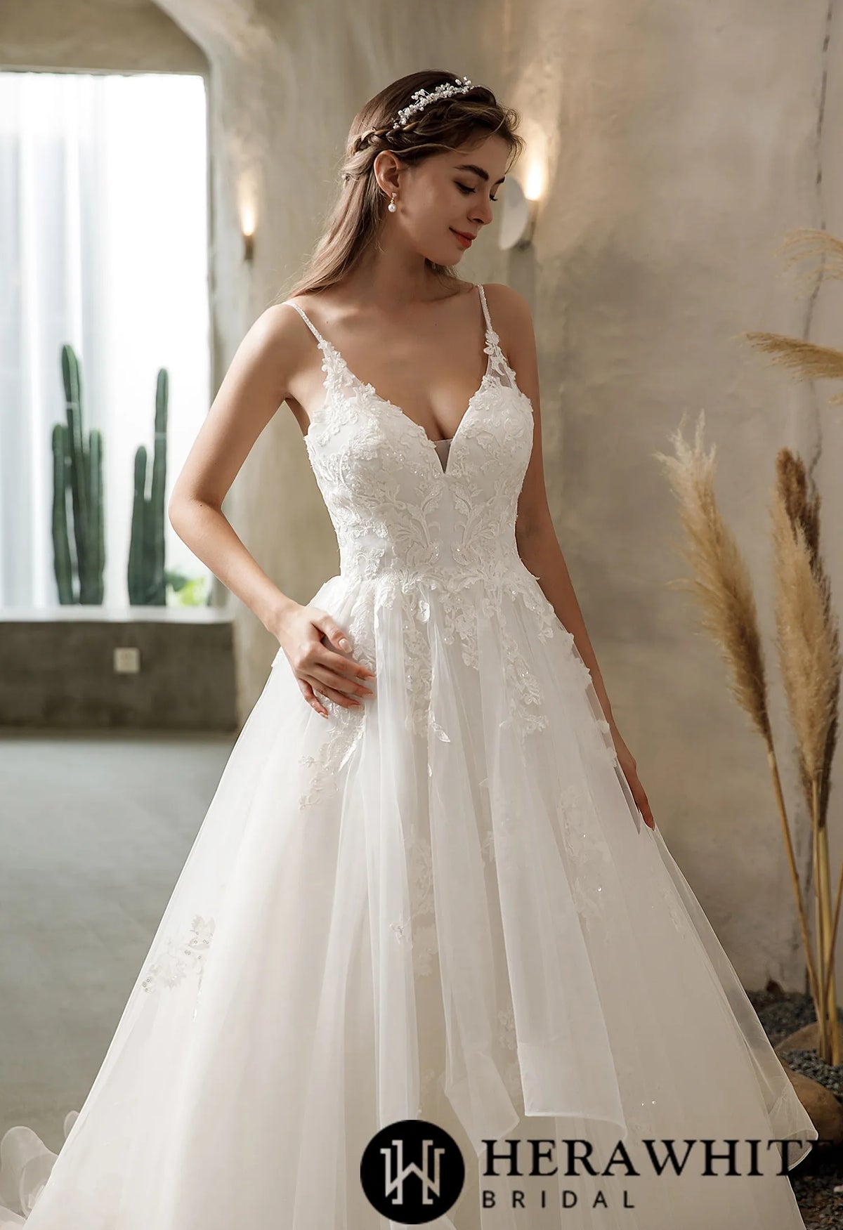 Ethereal Floral Lace Wedding Dress with Tiered Tulle Skirt